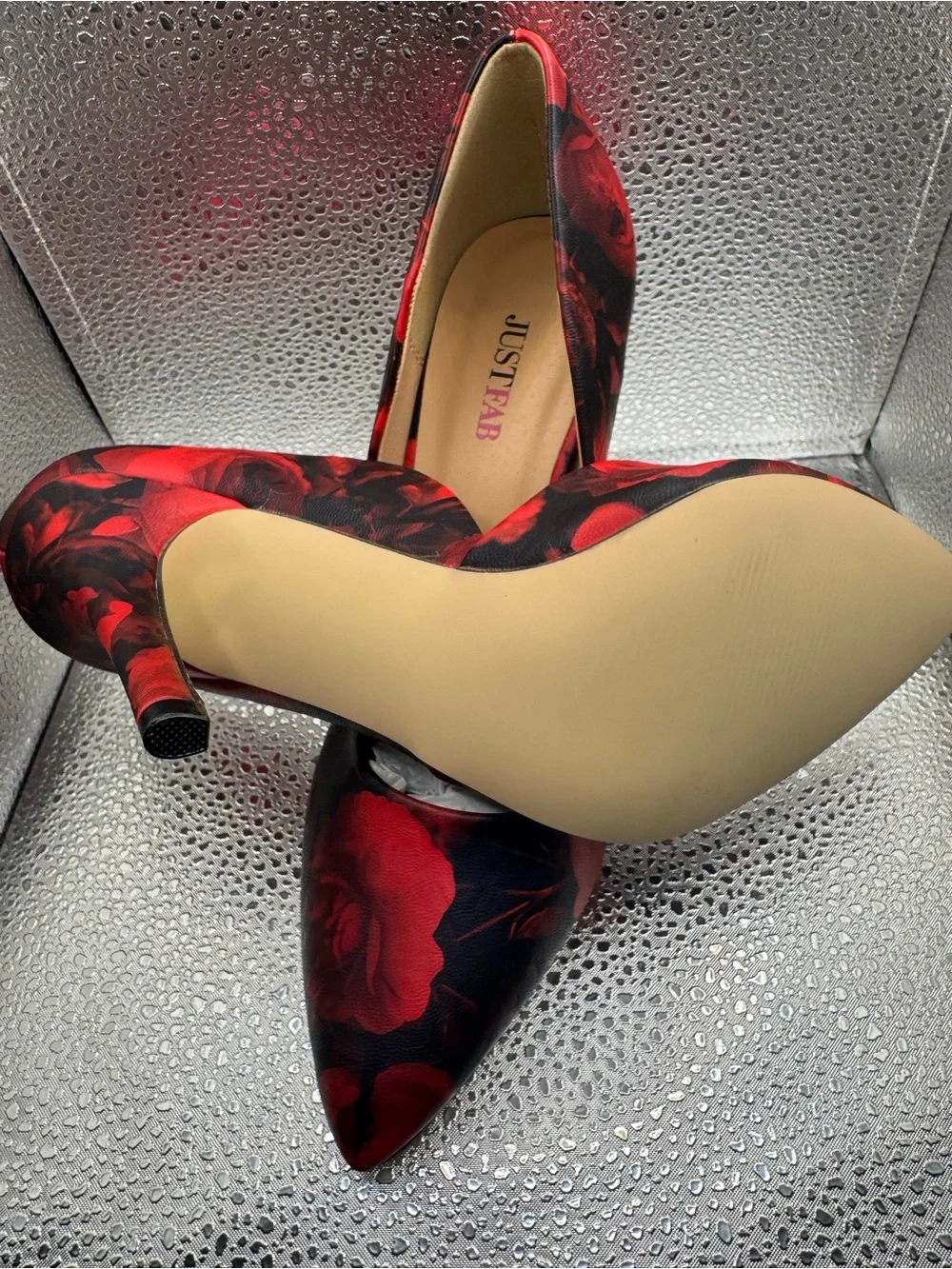 JustFab Black and Red Floral Pointed-Toe D'Orsay Pumps